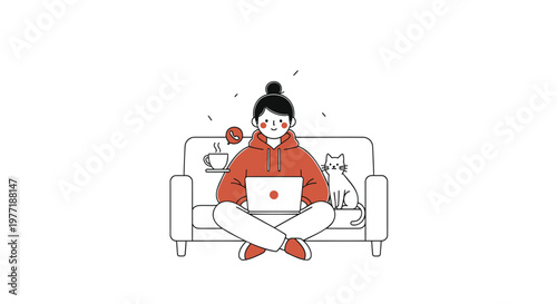 relaxed woman, sitting on couch, laptop, casual home office, remote work, illustration