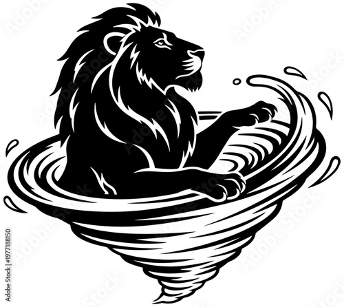 Majestic lion caught in a swirling stormy vortex turmoil