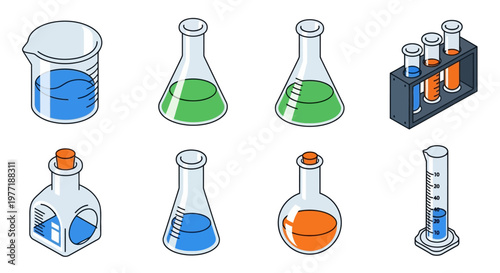 Illustrated chemical glassware in various forms, featuring colored liquids and science concepts
