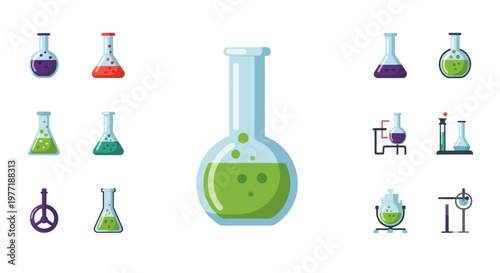 Illustrated chemical glassware set with colorful liquid substances on a plain white background