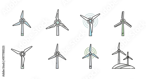 Illustrated collection of windmills with varying designs on a white background