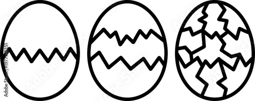 The progression of an egg cracking into pieces from a simple zigzag break to a shattered state