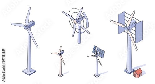 Illustrated depiction of diverse wind turbines and alternative energy sources in visual form