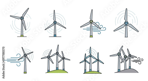 Illustrated depiction of diverse wind turbines showcasing sustainable energy solutions