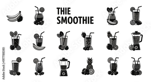 Illustrated depiction of varied smoothie creations with fruits and a blender presentation