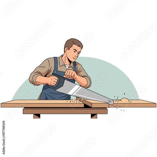 A man is sawing wood with a handsaw on a workbench in a workshop.