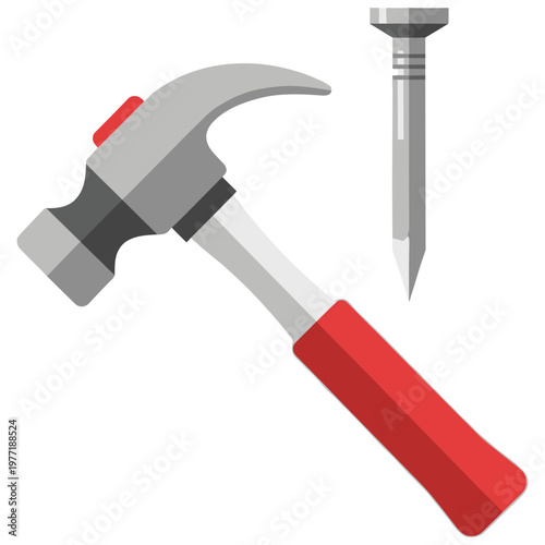 A hammer is hitting a nail with its red handle and metal head.