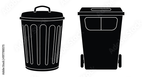 Two black silhouettes of trash cans with lids and handles shown side by side