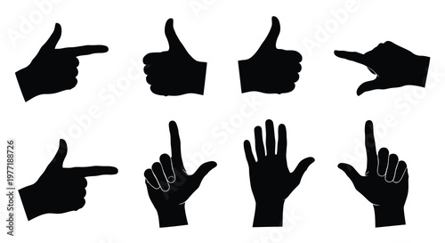 A collection of black silhouette hand gestures pointing and giving approval