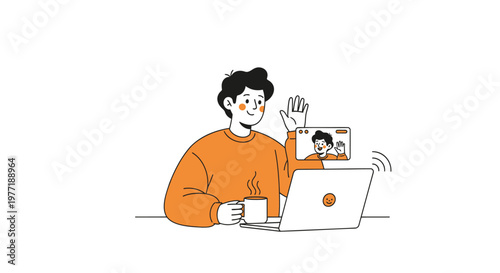 Remote worker, online meeting, video call, business communication, orange vector illustration