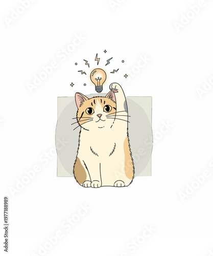 Cute cat with lightbulb idea vector illustration, creative flat design