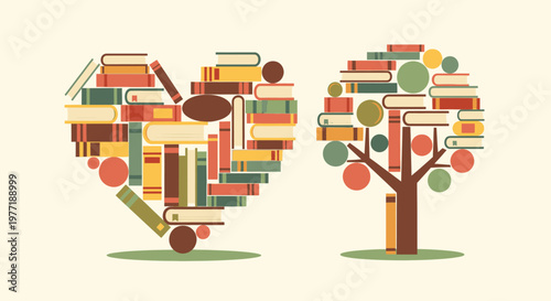 A heart-shaped stack of books and a tree with book-filled branches stand together.