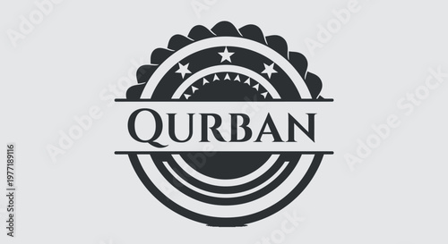 Qurban festive badge illustration. Elegant black and white graphic design element for Islamic religious celebration, Eid al-Adha.