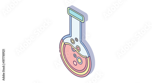 Isometric beaker illustration with pink liquid and bubbles depicting a science experiment