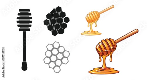 Illustrations of honey dippers and honeycomb in various styles