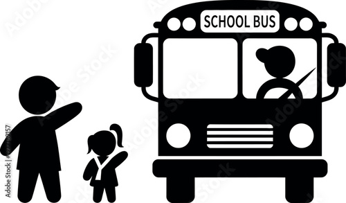 Child waving goodbye to a school bus with another child