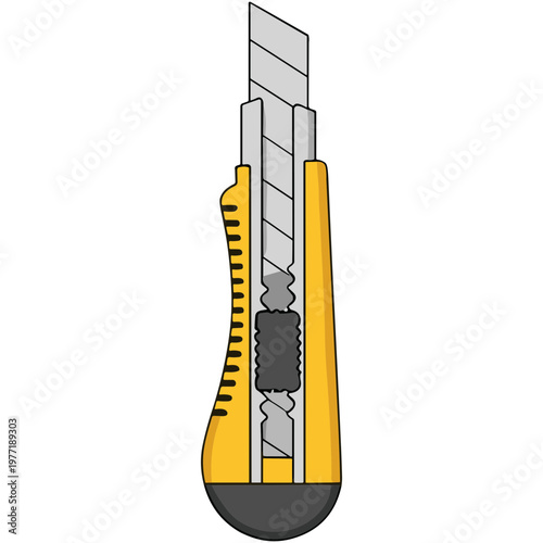 An illustration of a utility knife with a yellow handle and silver blade.