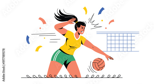 Volleyball player, woman in action, sports illustration, athletic woman, yellow shirt