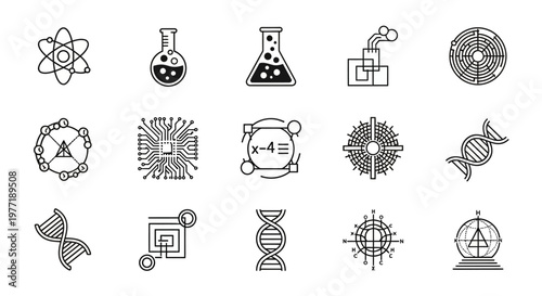 Illustrated scientific and technological vector icons representing various disciplines