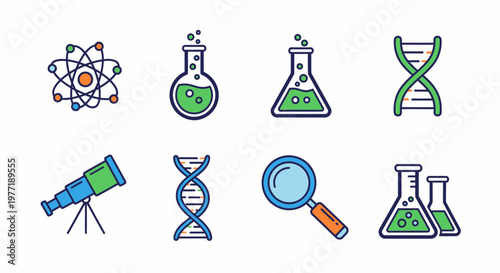 Illustrated scientific icons representing elements of research and discovery on a white background