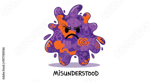 Viral cartoon character, purple and orange illustration, misunderstood virus mascot, emotive design element