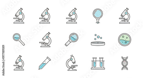 Illustrated scientific tools and equipment icons representing lab research and discovery