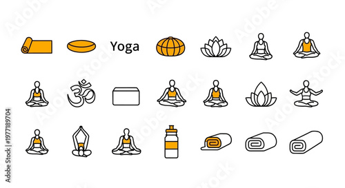 Illustrated Yoga Icons Showcasing Various Poses, Equipment, and Symbolic Elements
