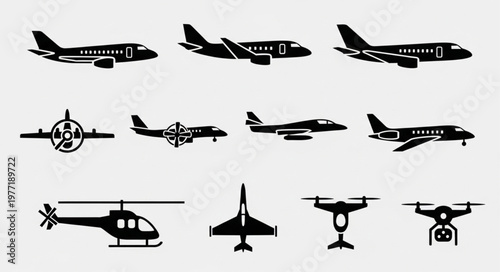 Collection of various aircraft silhouettes including jets helicopters and drones.