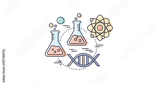 Illustration depicting scientific concepts: chemistry beakers, atom, dna strand, and experimental