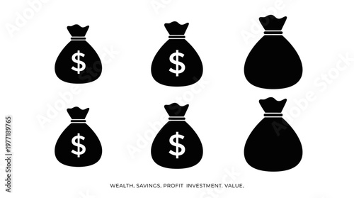 Black silhouettes of money bags, some marked with dollar signs, symbolizing wealth, assets, savings, finance, and economic value.