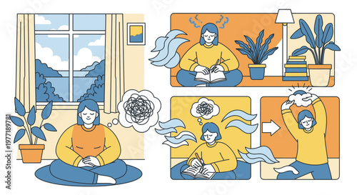 Person sitting by window with potted plants and city view outside feeling stressed