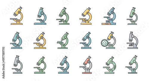 Illustration depicting various colorful microscopes, perfect for scientific or educational themes