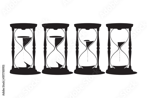 Four hourglasses with sand flowing on a white background, sand timer time, clock