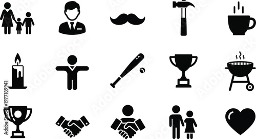 Collection of black glyphs people objects and symbols representing life's aspects