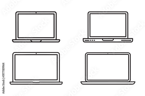 Four laptops with blank screens on a white background, computer technology device, electronics
