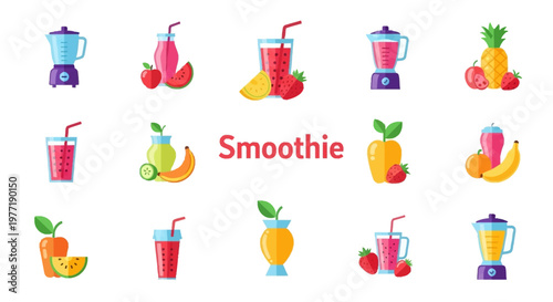 Colorful smoothie illustrations showcasing blenders, fruit, and refreshing beverage concepts