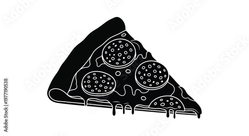 A black and white illustration of a single slice of pepperoni pizza