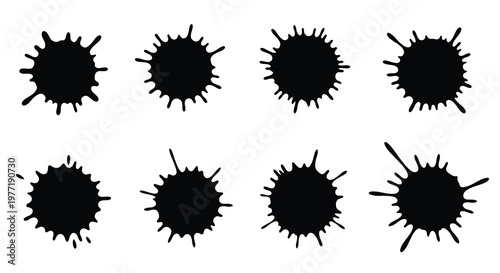 Eight abstract black ink blots arranged in a grid pattern