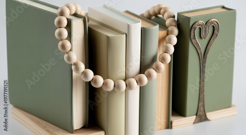 Stack of green and beige books with wooden bead garland and decorative metal heart bookend