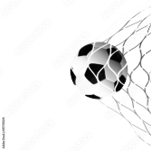 A close-up illustration of a soccer ball caught in a net, captured mid-motion. The composition suggests a goal being scored, symbolizing success, achievement, and sports action. The halftone dot patte