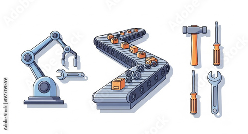 Industrial robot arm conveyor belt and tools for manufacturing.