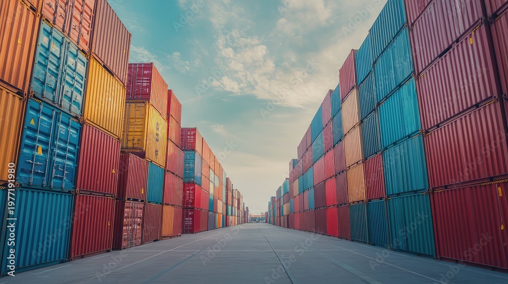 Fototapeta premium Intermodal shipping containers in various colors stacked high at a large commercial port, reflecting the global supply chain, cargo transportation, and freight industry
