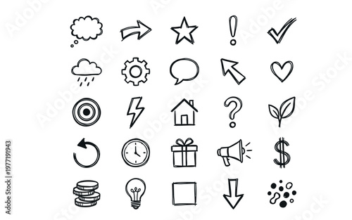 A set of various black line icons on a including symbols and objects
