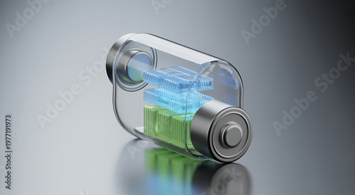 Transparent cylindrical battery with internal green and blue glowing electronic circuit components