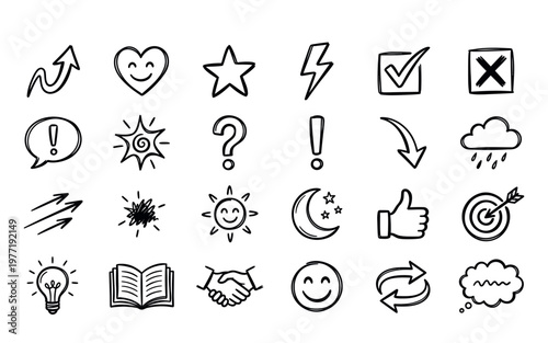 A set of various black line icons on a including arrows, symbols, and emojis for communication and design