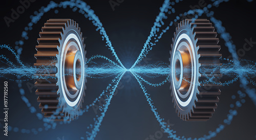 Two metallic gears with glowing blue particle energy streams connecting them, technology concept