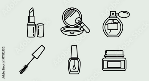 Black line icons of various makeup and beauty products