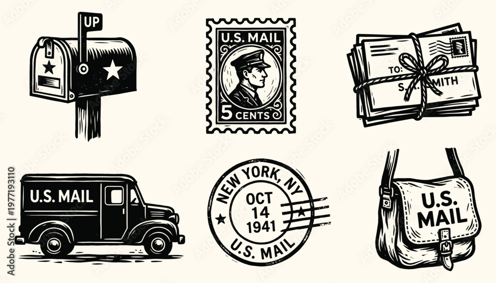 Αυτοκόλλητο Vintage Postal Service Icon Set with Mailbox Stamp Truck and Letters
