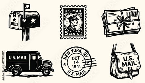 Vintage Postal Service Icon Set with Mailbox Stamp Truck and Letters