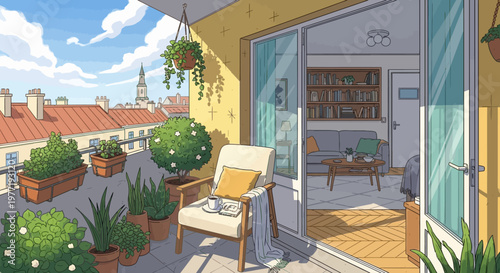 Charming balcony scene with rooftop views, plants, and cozy interior details